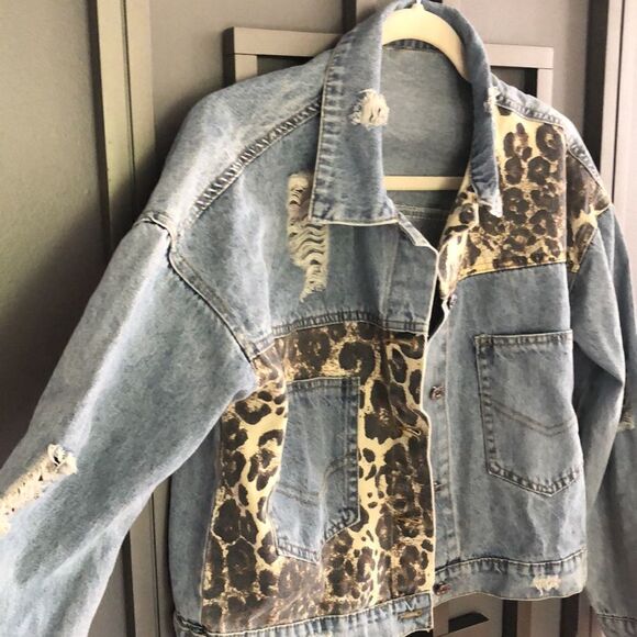 Vintage Classic jeans leopard and denim jean jacket size M - Picture 2 of 6